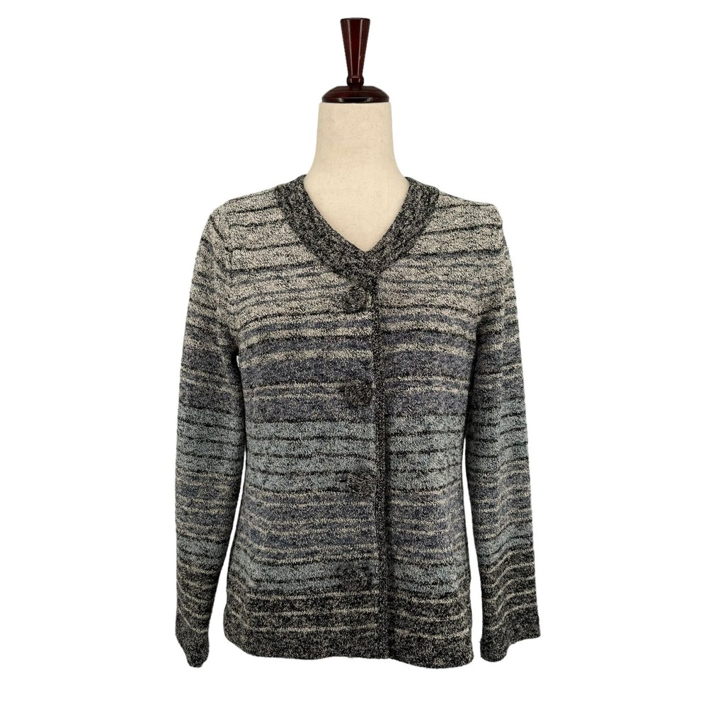 Pendleton Cotton Silk Granny Knit Long Sleeve Cardigan Sweater Striped Grey LP